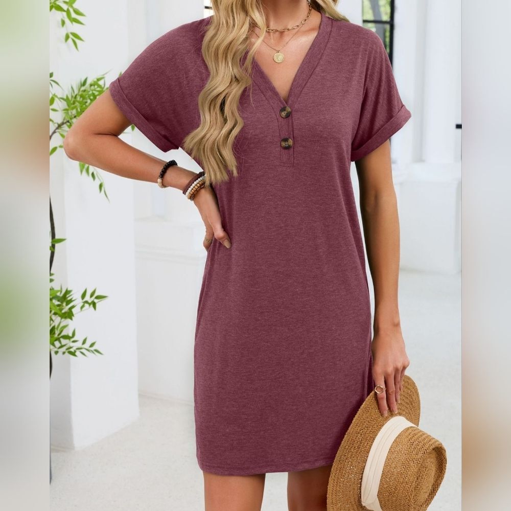 Casual V-Neck Button Henley T- Shirt Dress — Dusty Mauve